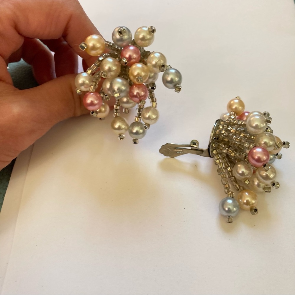 Vintage beaded clip earrings pink blue white peach cluster fireworks